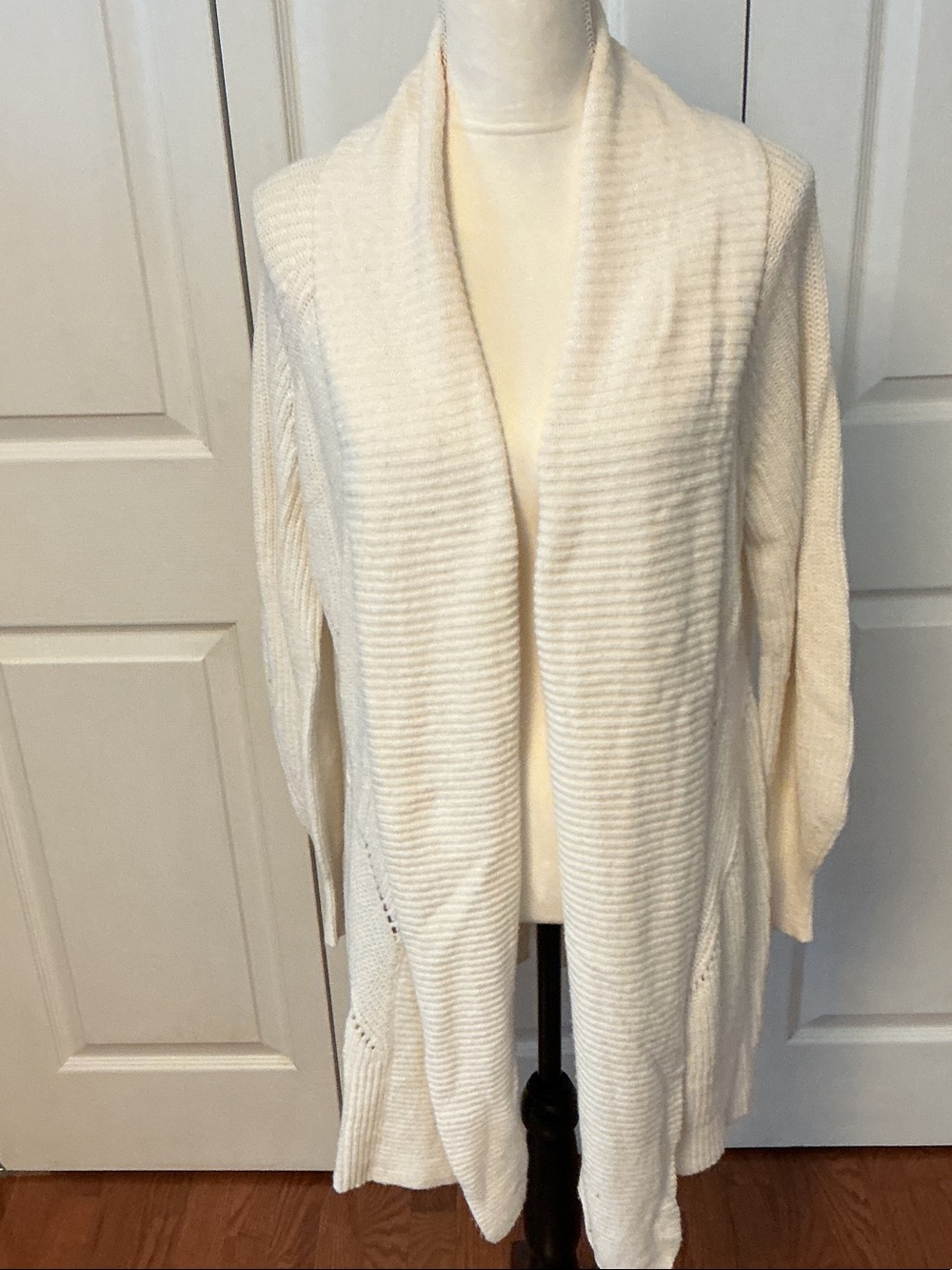 LOFT Cream Open-Front Ribbed Drape Cardigan